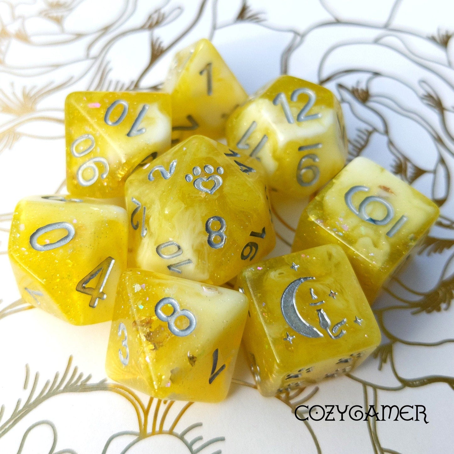 Sunlight 8 Piece Dice Set. Clear Yellow and White Marble, with Glitter and Foil