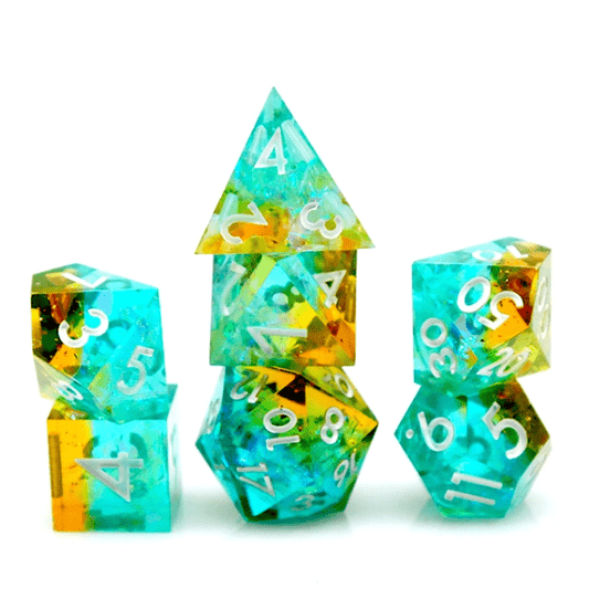 Sunlight Sharp Edge Dice Set – 7 - Piece Blue Yellow Glitter DnD Dice - Fennek and Finch