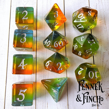 Sunrise Dice Set – 11 - Piece Orange Yellow Gradient DnD Dice | Fennek & Finch - Fennek and Finch