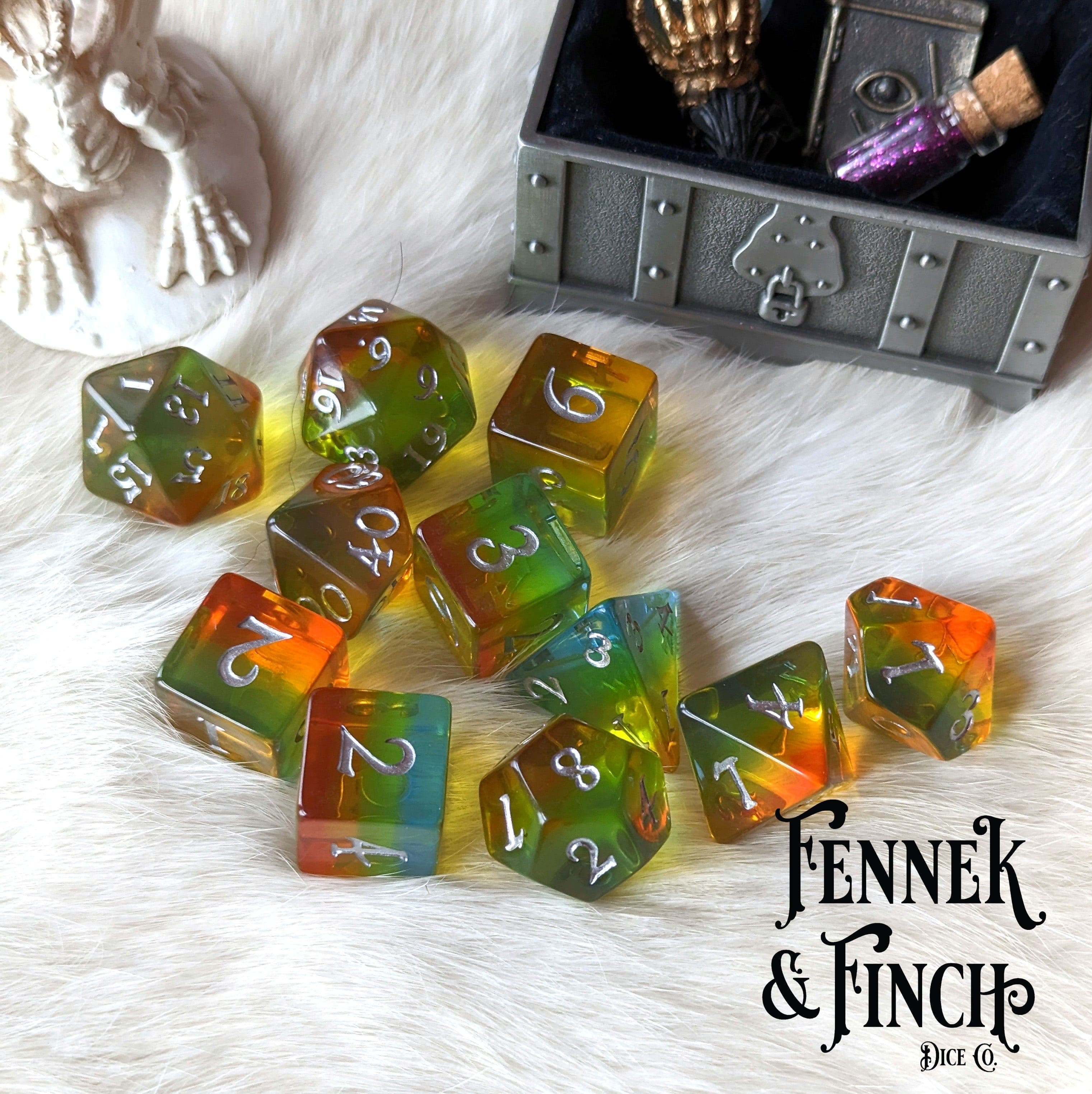 Sunrise Dice Set. 7 and 11 piece DND dice set – Fennek and Finch