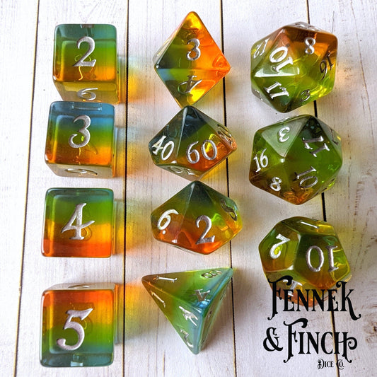 Sunrise Dice Set. 7 piece DND dice set Dice sets Fennek and Finch