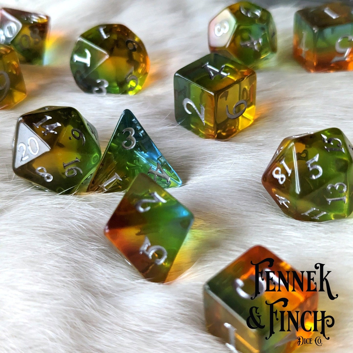 Sunrise Dice Set – 7-Piece Orange Yellow Gradient DnD Dice | Fennek & Finch Dice Sets & Games Fennek and Finch