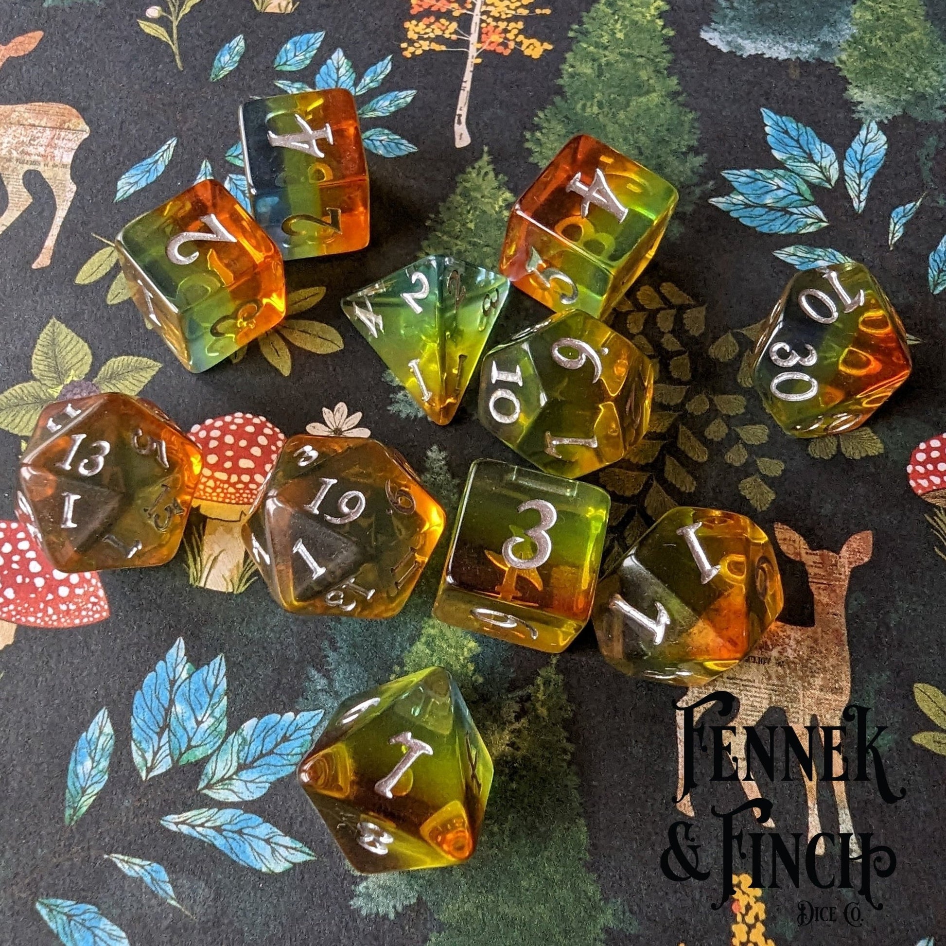 Sunrise Dice Set – 7-Piece Orange Yellow Gradient DnD Dice | Fennek & Finch Dice Sets & Games Fennek and Finch