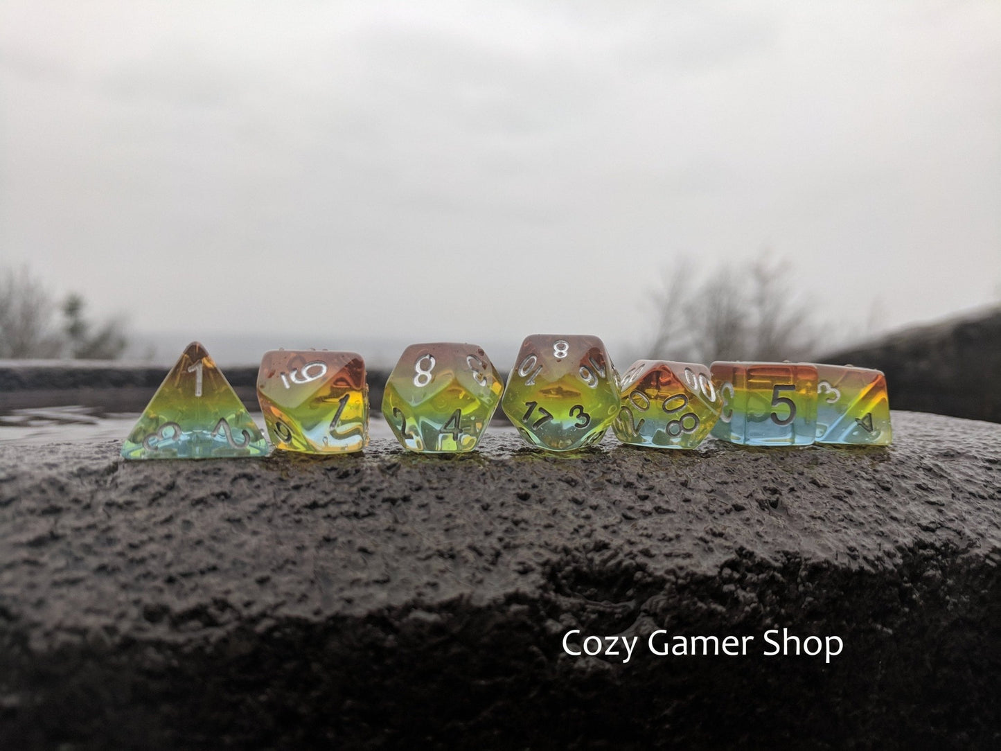 Sunrise Dice Set – Layered Blue, Green, Yellow & Orange with Silver Numbers - Fennek and Finch