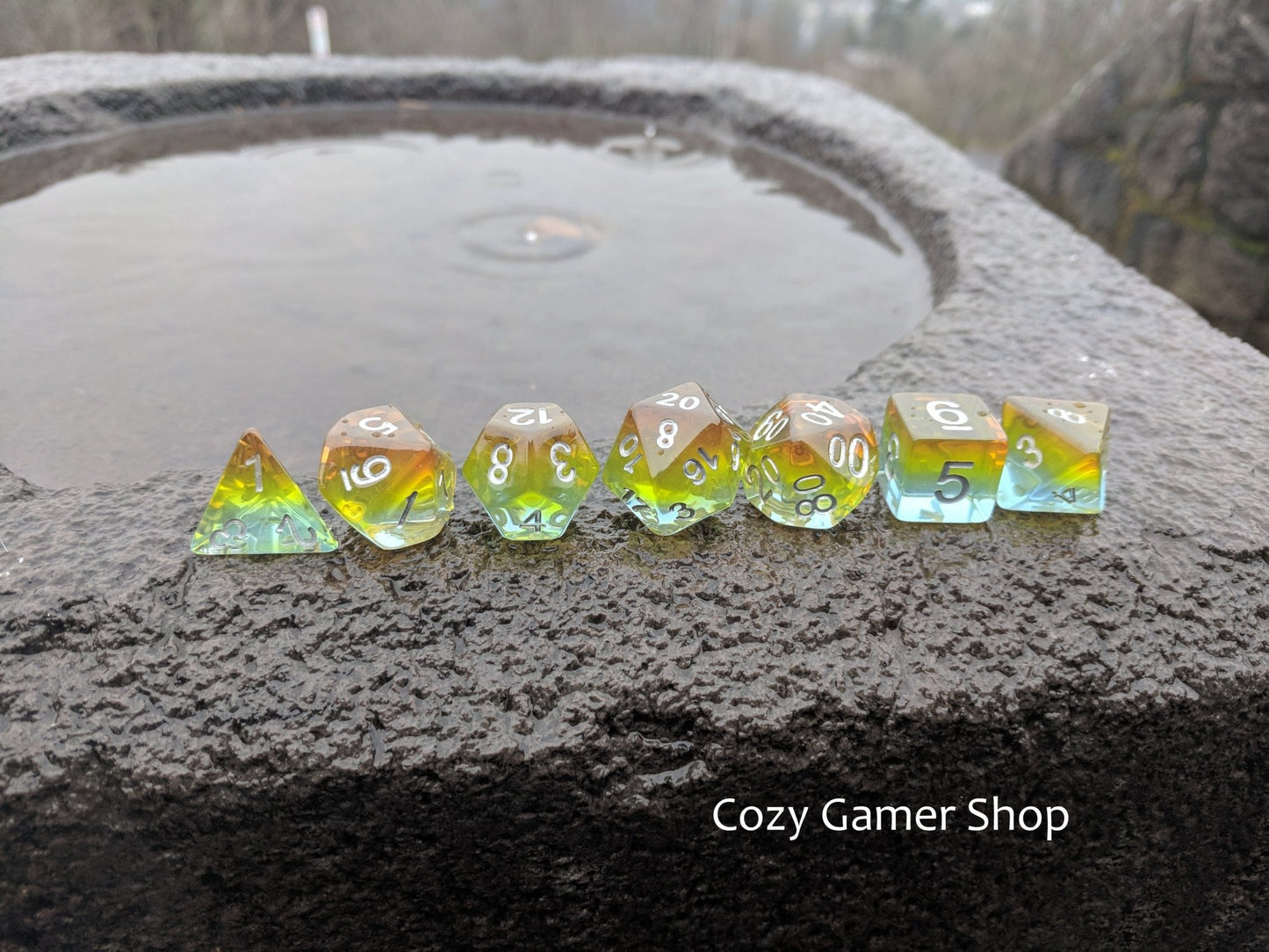 Sunrise Dice Set – Layered Blue, Green, Yellow & Orange with Silver Numbers - Fennek and Finch