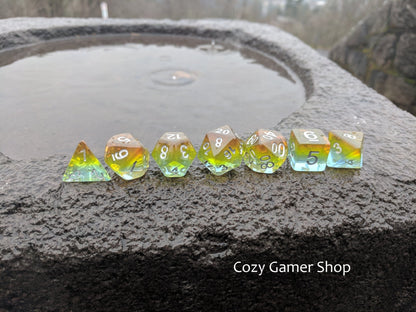 Sunrise Dice Set – Layered Blue, Green, Yellow & Orange with Silver Numbers - Fennek and Finch