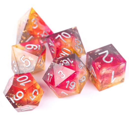 Sunset Clouds sharp edge 7-piece resin dice set with marbled purple, pink, and yellow hues for TTRPG and DND games.