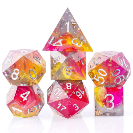 Sunset Clouds sharp edge 7 piece resin dice set in marbled purple, pink, and yellow for TTRPG and DND games.