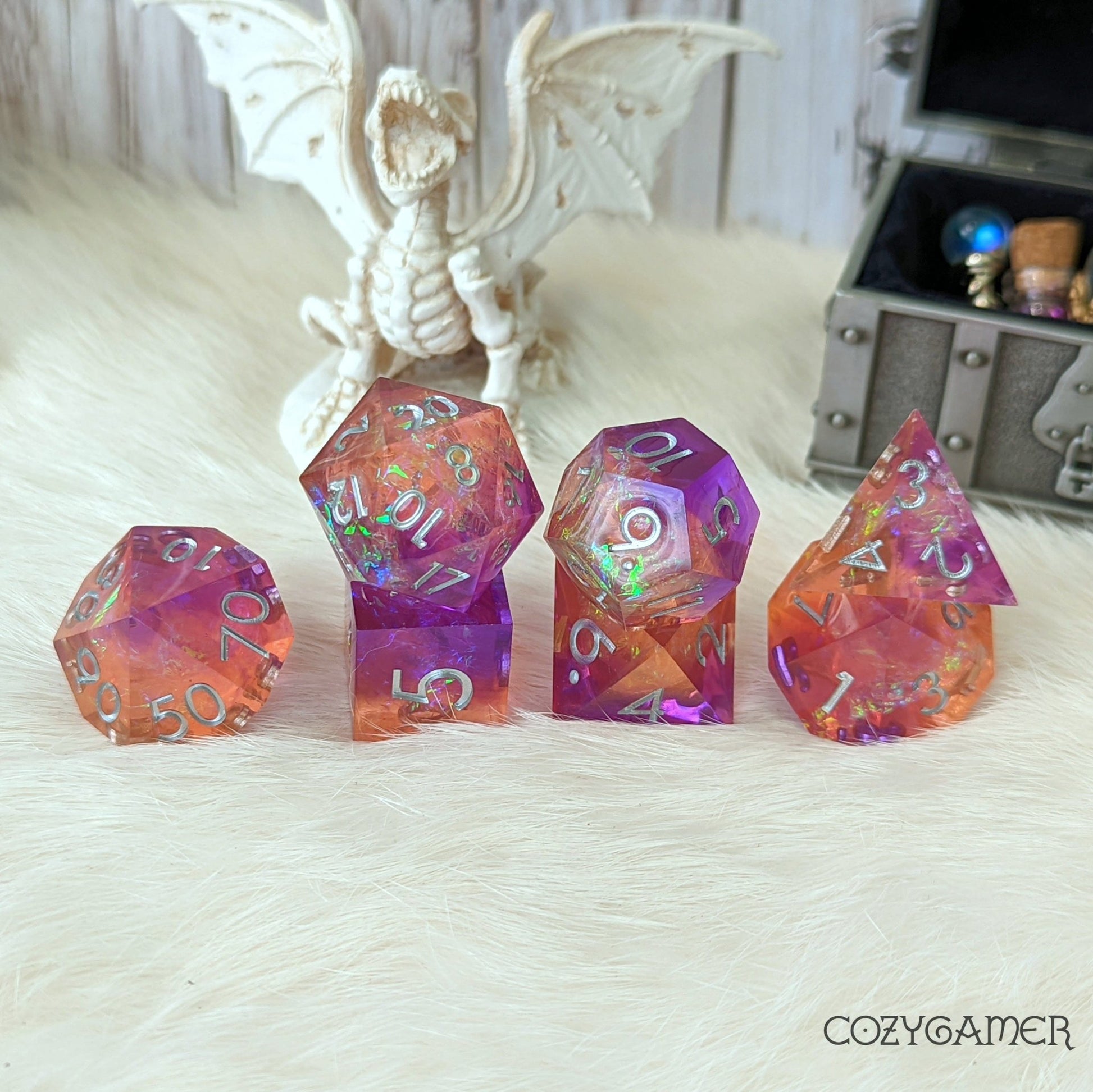 Sunset Sharp Edge Dice Set – 7-Piece Purple Orange Glitter Paper DnD Dice Dice Sets & Games Fennek and Finch