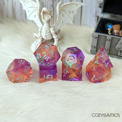 Sunset Sharp Edge Dice Set – 7-Piece Purple Orange Glitter Paper DnD Dice Dice Sets & Games Fennek and Finch