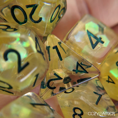 Sunshine Glint Dice Set – 7-Piece Clear Resin Yellow Iridescent Hexagon Glitter Dice Sets & Games Fennek and Finch
