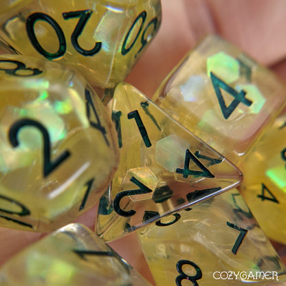 Sunshine Glint Dice Set. Clear Resin with Yellow Glitter