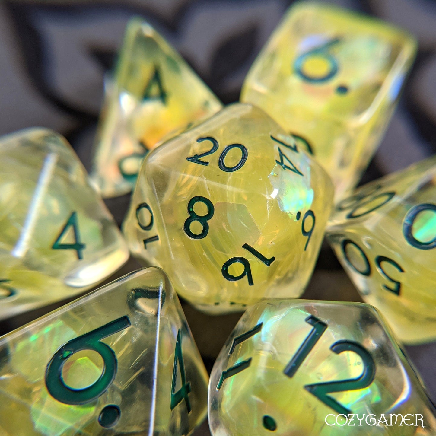 Sunshine Glint Dice Set. Clear Resin with Yellow Glitter