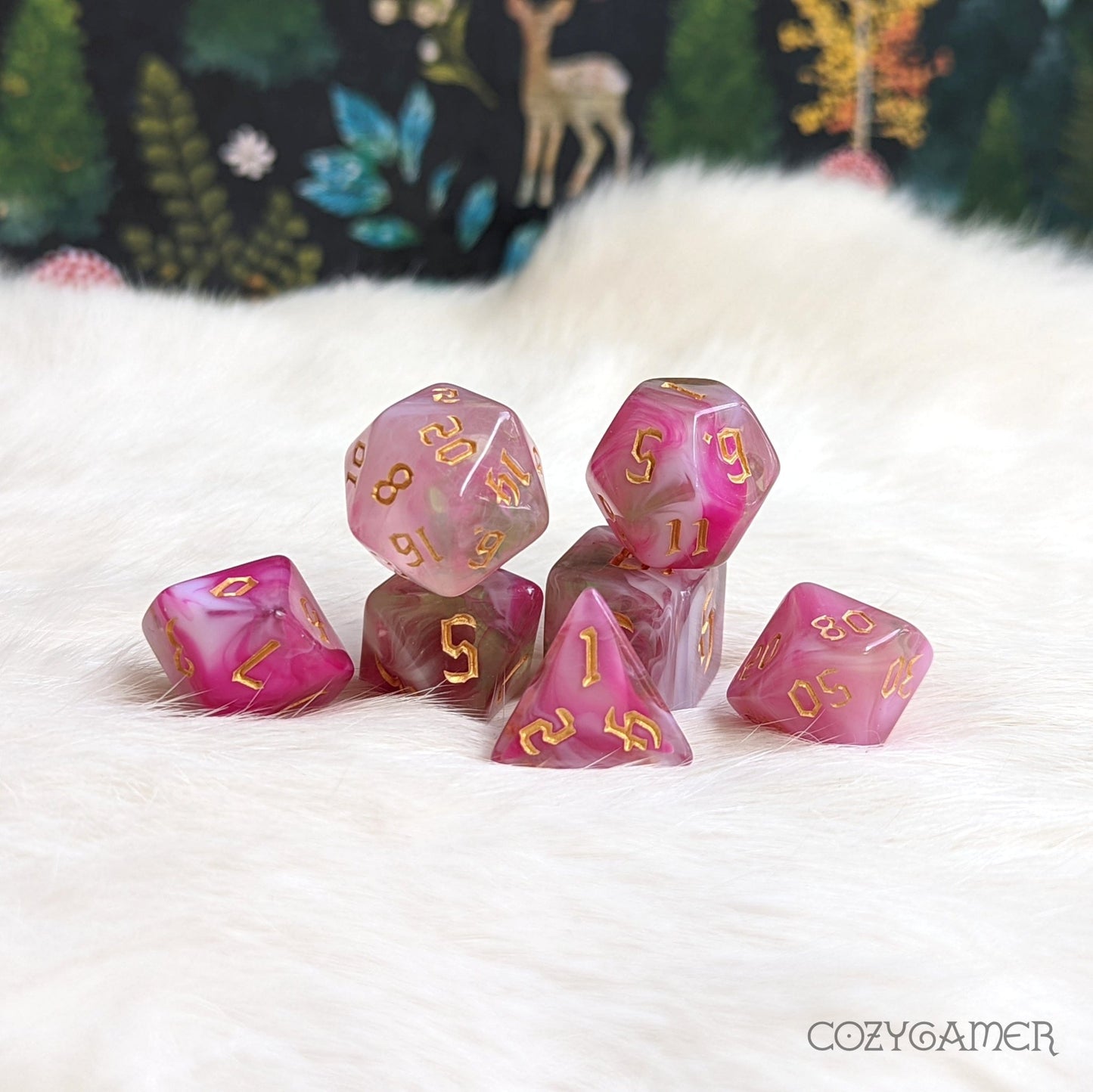 Superbloom Marbled Dice Set – 7 - Piece White Green Pink Acrylic DnD Dice - Fennek and Finch
