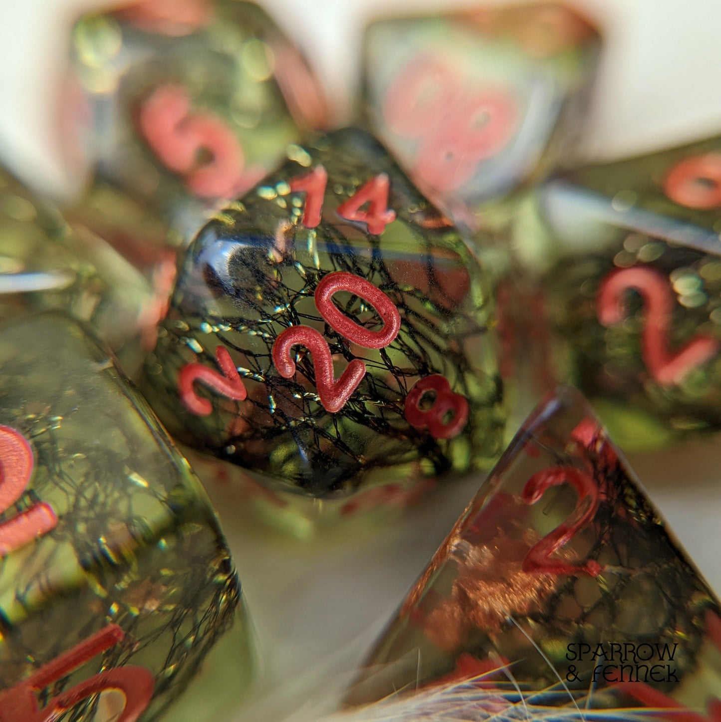 Tangled Wood Dice Set. 7 Piece Green Forest Themed Dice Set with Branches and Copper Foil