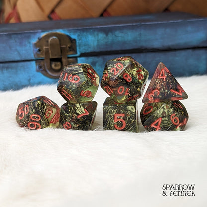 Tangled Wood Dice Set – 7 - Piece Green Forest with Branches & Copper | Fennek & Finch - Fennek and Finch