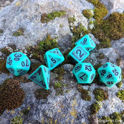 Tarnished Emerald Dice Set – 7-Piece Matte Green Teal Polyhedral DnD Dice sets Fennek and Finch