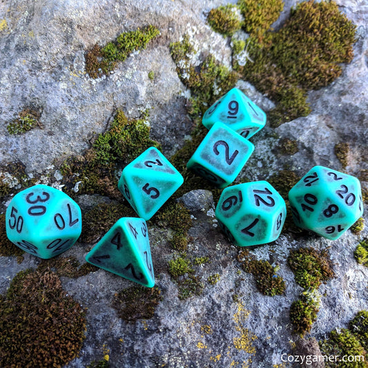 Tarnished Emerald DnD Dice Set, Matte Green Teal Ancient Dice - CozyGamer