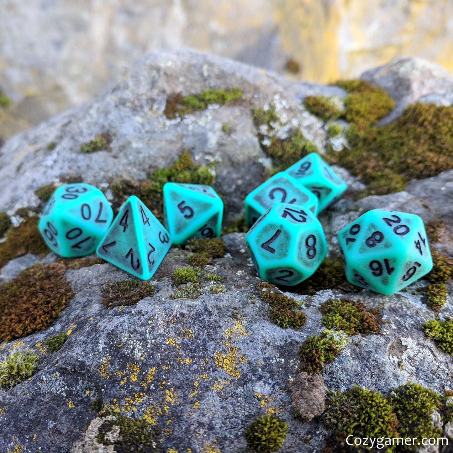 Tarnished Emerald DnD Dice Set, Matte Green Teal Ancient Dice - CozyGamer