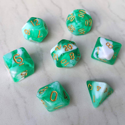 Teal White Dice Set – 7 - Piece Two Tone Marbled Ocean DnD Dice - Fennek and Finch