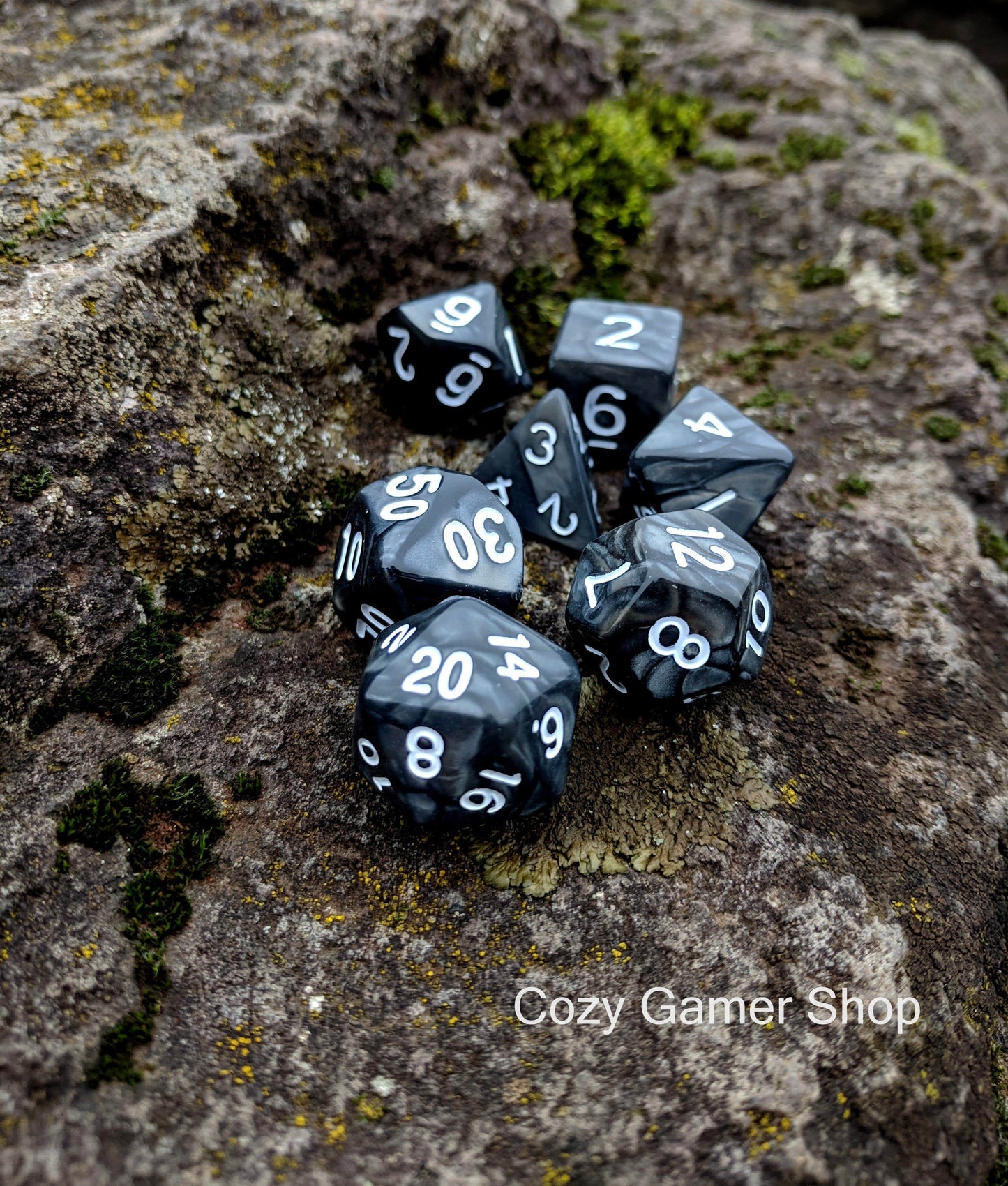 Temper Dice Set. Black and Silver Pearly Marble Dice - CozyGamer