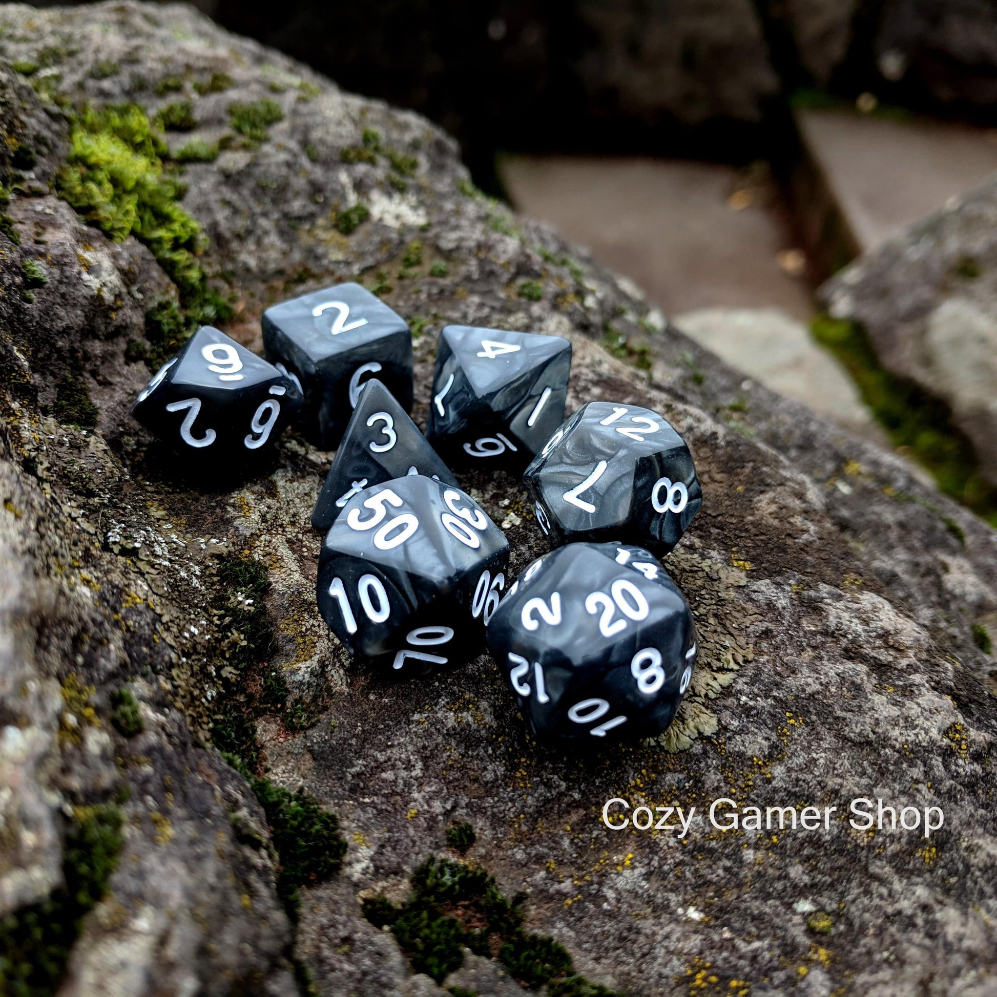 Temper Dice Set. Black and Silver Pearly Marble Dice - CozyGamer