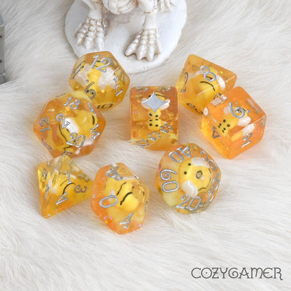 The Bee's Knees Dice Set. 8 Piece Bumble Bees and Honey DND Dice