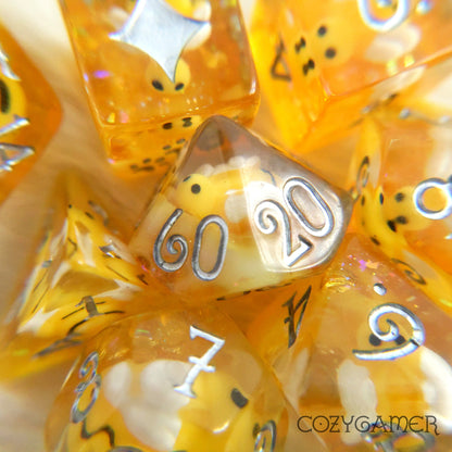 The Bee's Knees Dice Set. 8 Piece Bumble Bees and Honey DND Dice