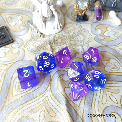 The Deep Dice Set – 7-Piece Purple Blue Galaxy Glitter DND Dice Dice Sets & Games Fennek and Finch