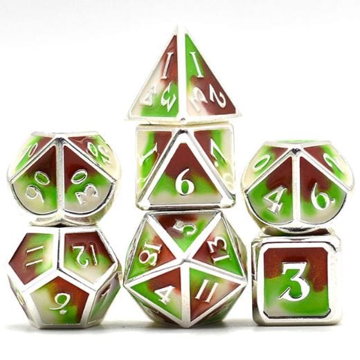 Green, brown, and white metal dice set with silver trim for tabletop RPGs like Dungeons and Dragons, includes 7 polyhedral dice.