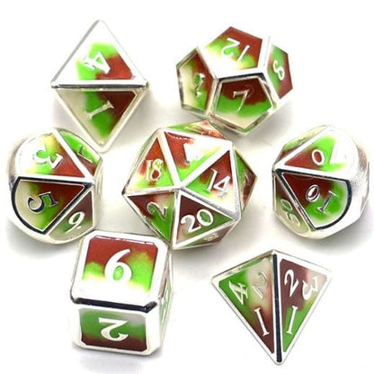 Three colors green, brown, and white metal polyhedral dice set with silver trim for tabletop RPGs like Dungeons and Dragons.