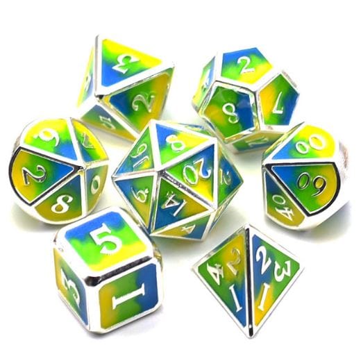 Three Colors Metal Dice Set – 7-Piece Green Blue Yellow Silver Trim DnD Dice sets Fennek and Finch