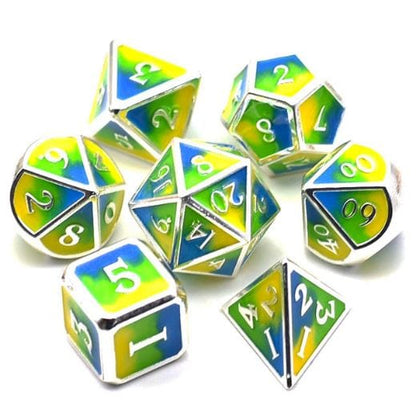 Three Colors Metal Dice Set – 7-Piece Green Blue Yellow Silver Trim DnD Dice sets Fennek and Finch