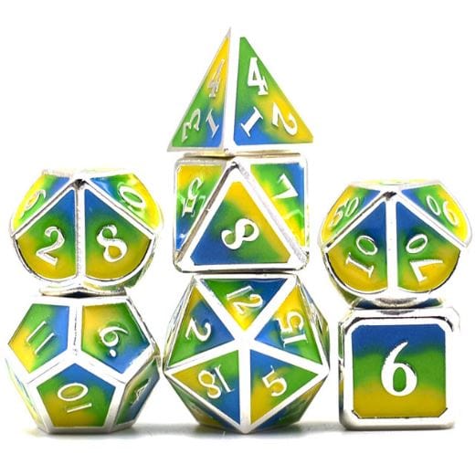 Three Colors Metal Dice Set – 7 - Piece Green Blue Yellow Silver Trim DnD - Fennek and Finch