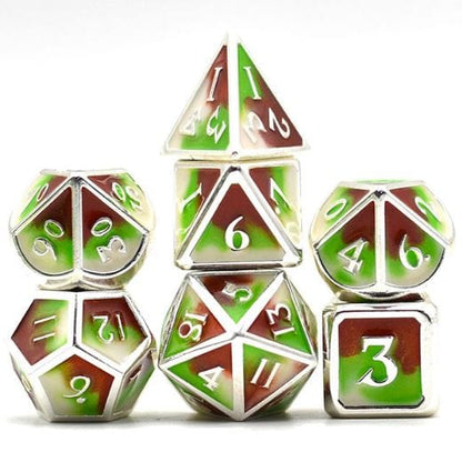 Three Colors Metal Dice Set – 7 - Piece Green Brown White Silver Trim DnD Dice - Fennek and Finch