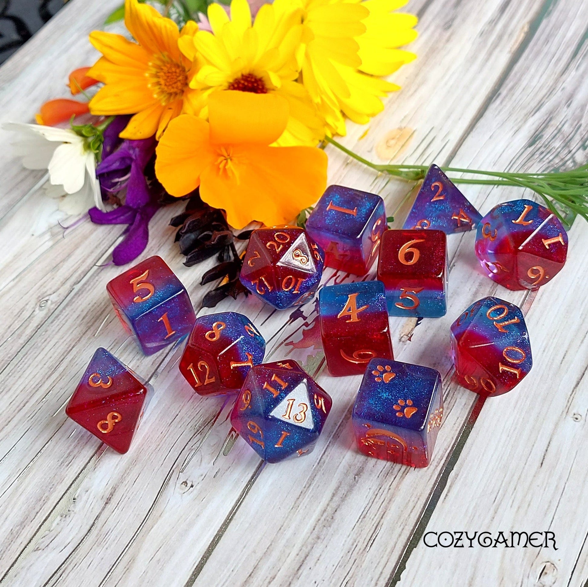 Tiefling Boudoir Dice Set, Ruby, Amethyst, and Sapphire Shimmering Layers DND Dice. 12 Piece, 8 Piece, D10, and D6 Sets
