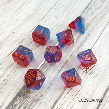 Tiefling Boudoir Dice Set, Ruby, Amethyst, and Sapphire Shimmering Layers DND Dice. 12 Piece, 8 Piece, D10, and D6 Sets 8 Piece Set