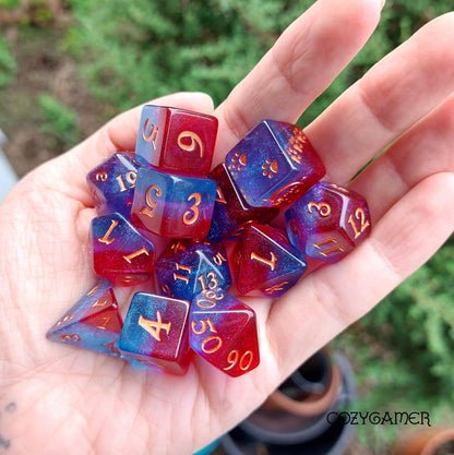 Tiefling Boudoir Dice Set, Ruby, Amethyst, and Sapphire Shimmering Layers DND Dice. 12 Piece, 8 Piece, D10, and D6 Sets
