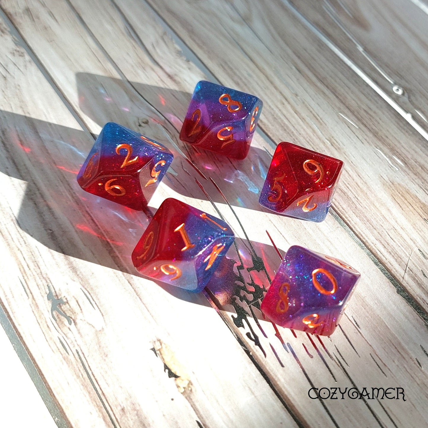 Tiefling Boudoir Dice Set, Ruby, Amethyst, and Sapphire Shimmering Layers DND Dice. 12 Piece, 8 Piece, D10, and D6 Sets D10 Set