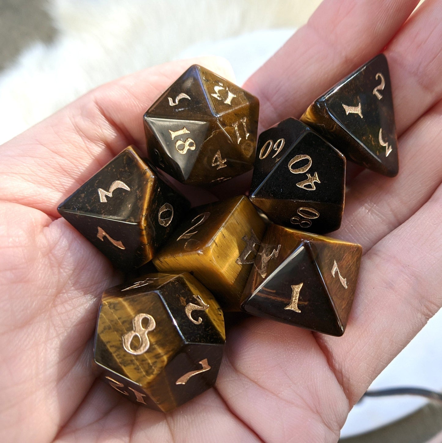 Tiger Eye Dice Set. Real Gemstone 7 Piece TTRPG Dice - CozyGamer