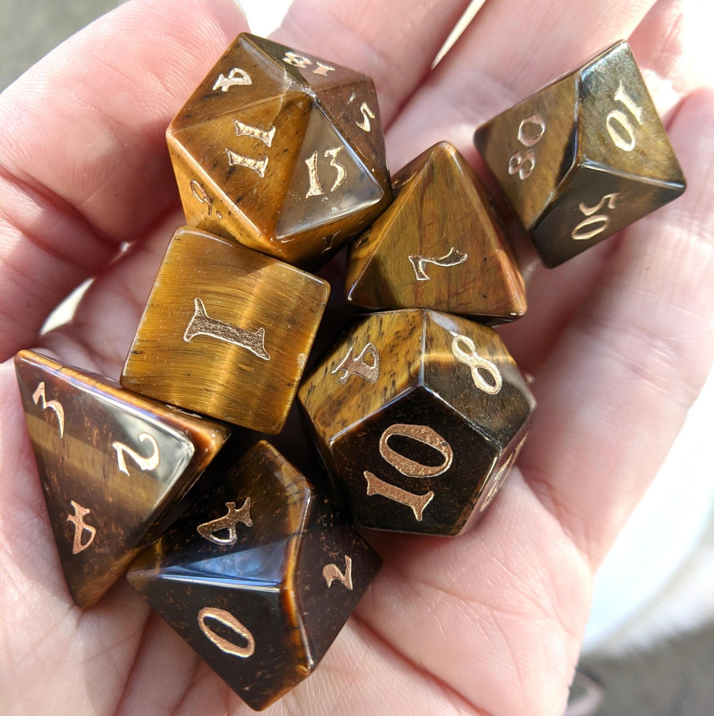 Tiger Eye Dice Set. Real Gemstone 7 Piece TTRPG Dice - CozyGamer