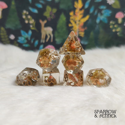 Tiny Orange Flowers and Moss DnD Dice Set - 7 Piece - Fennek and Finch