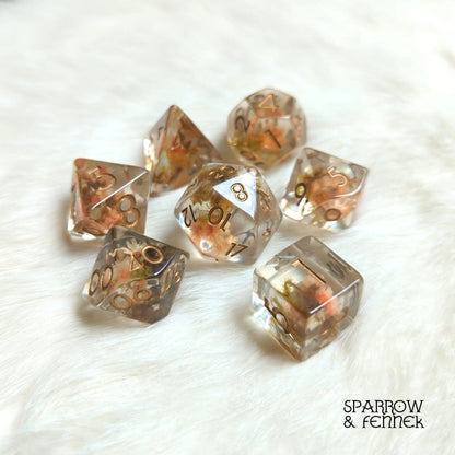 Tiny Orange Flowers and Moss DnD Dice Set - 7 Piece - Fennek and Finch