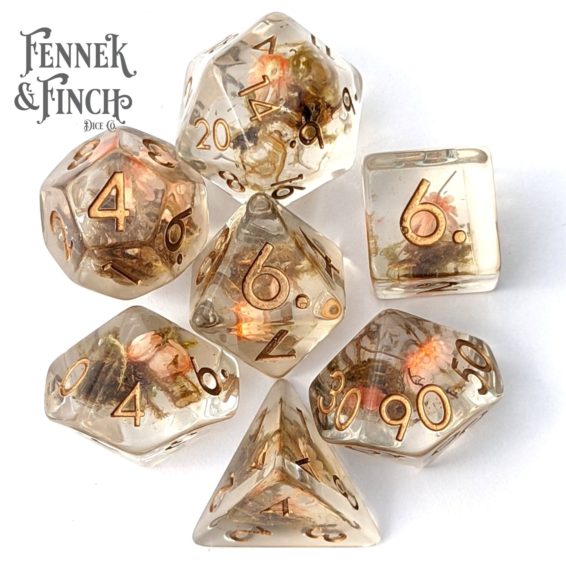 Tiny Orange Flowers and Moss DnD Dice Set - 7 Piece - Fennek and Finch