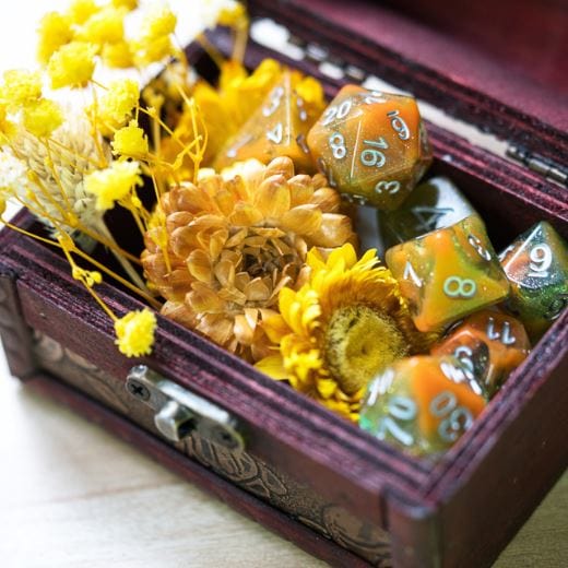 Toxins Dice Set – 7 - Piece Orange Green Acrylic Shimmer Poison DnD Dice - Fennek and Finch