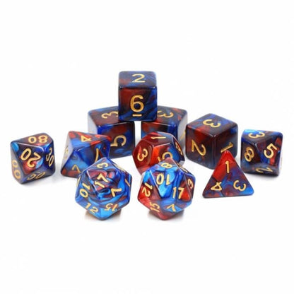 Marbled blue and red acrylic 11-piece DnD dice set with extra D20 and 4 D6 dice for Dungeons & Dragons gameplay.