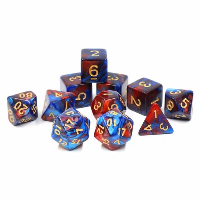 Treatise Dice Set – 11 - Piece Marbled Blue Red Acrylic Extra D20 D6s DnD - Fennek and Finch