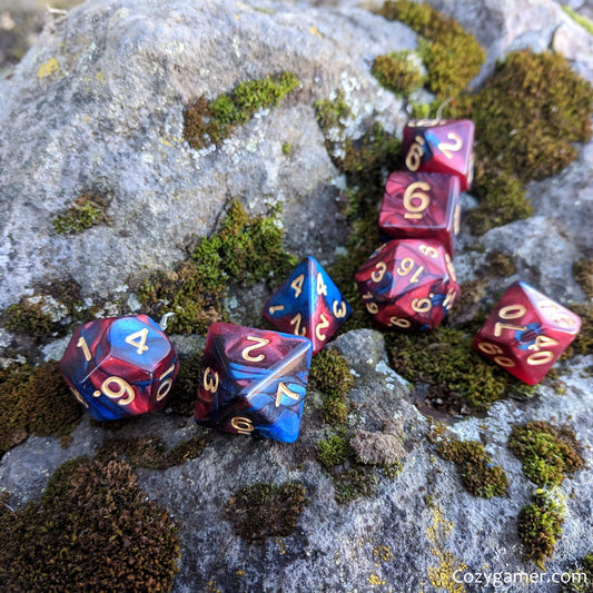 Treatise Dice Set – 7 - Piece Marbled Pearly Deep Red Blue Acrylic DnD Dice - Fennek and Finch