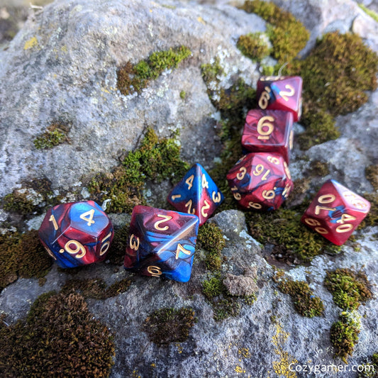 Treatise Dice Set, Pearly Deep Red and Blue Marble Dice - CozyGamer