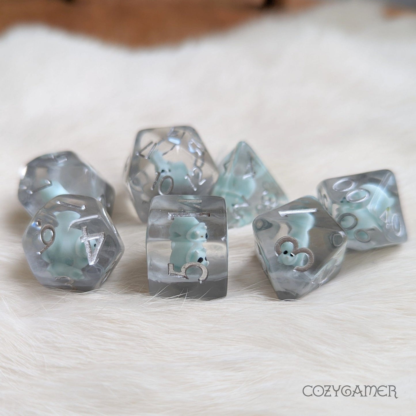 Triceratops Dinosaur Dice Set – 7 - Piece Clear Tiny Dino Animal DnD Dice - Fennek and Finch